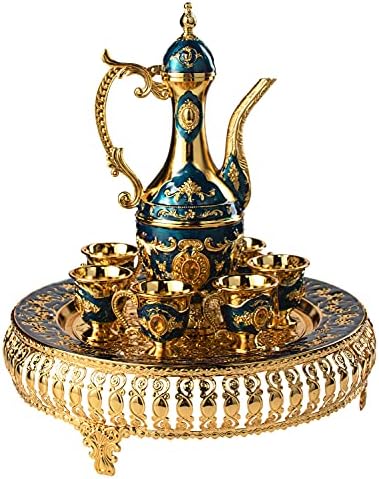 Vintage Turkish Coffee Pot Set for 6 including Tray & Teapot Silver Inserted with Swarovski Style Crystals and Crystal Tray