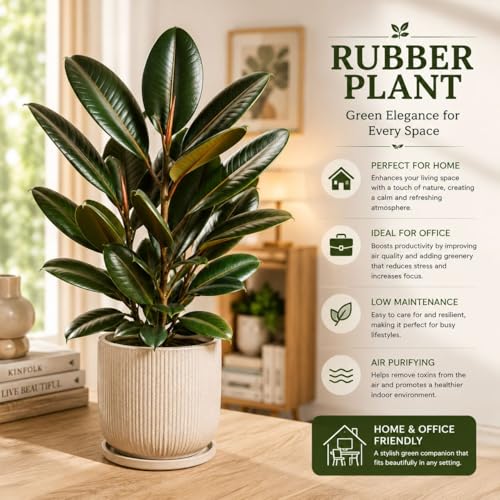 Image of Rubber Plant (Ficus Elastica) Indoor Air Purifying Plant in Pot | Large Glossy Green Leaves | Low Maintenance Decorative Houseplant for Home, Office & Balcony (PACK OF 1)