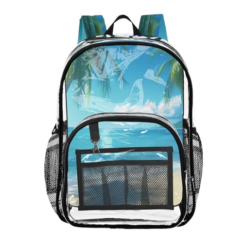 Palm Sea Beach Clear Backpack - Stadium Approved Large 15.7-inch Waterproof Transparent Bag for Sports, Concerts, Work, Travel#148