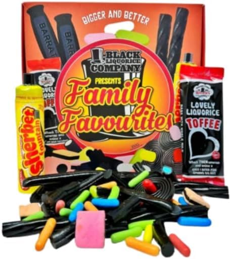 Liquorice Family Favourites Gift Box - Toffee - Comfits - Soft Liquorice - Spinning Tops - Sherbet Fountain - Sticks - Cuttings - Bassetti Sticks