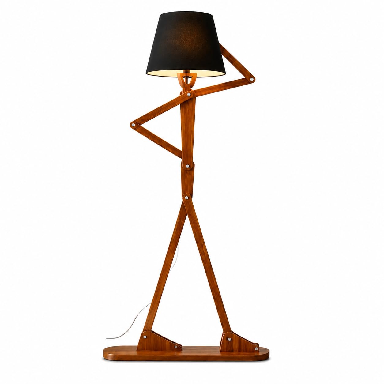 Human Figure Floor Lamp with Wooden Base and Black Fabric Shade | Articulated Poseable Arms, Solid Wood Construction, Living Room & Office, Unique Humanoid Design, Fabric Lampshade-image-24