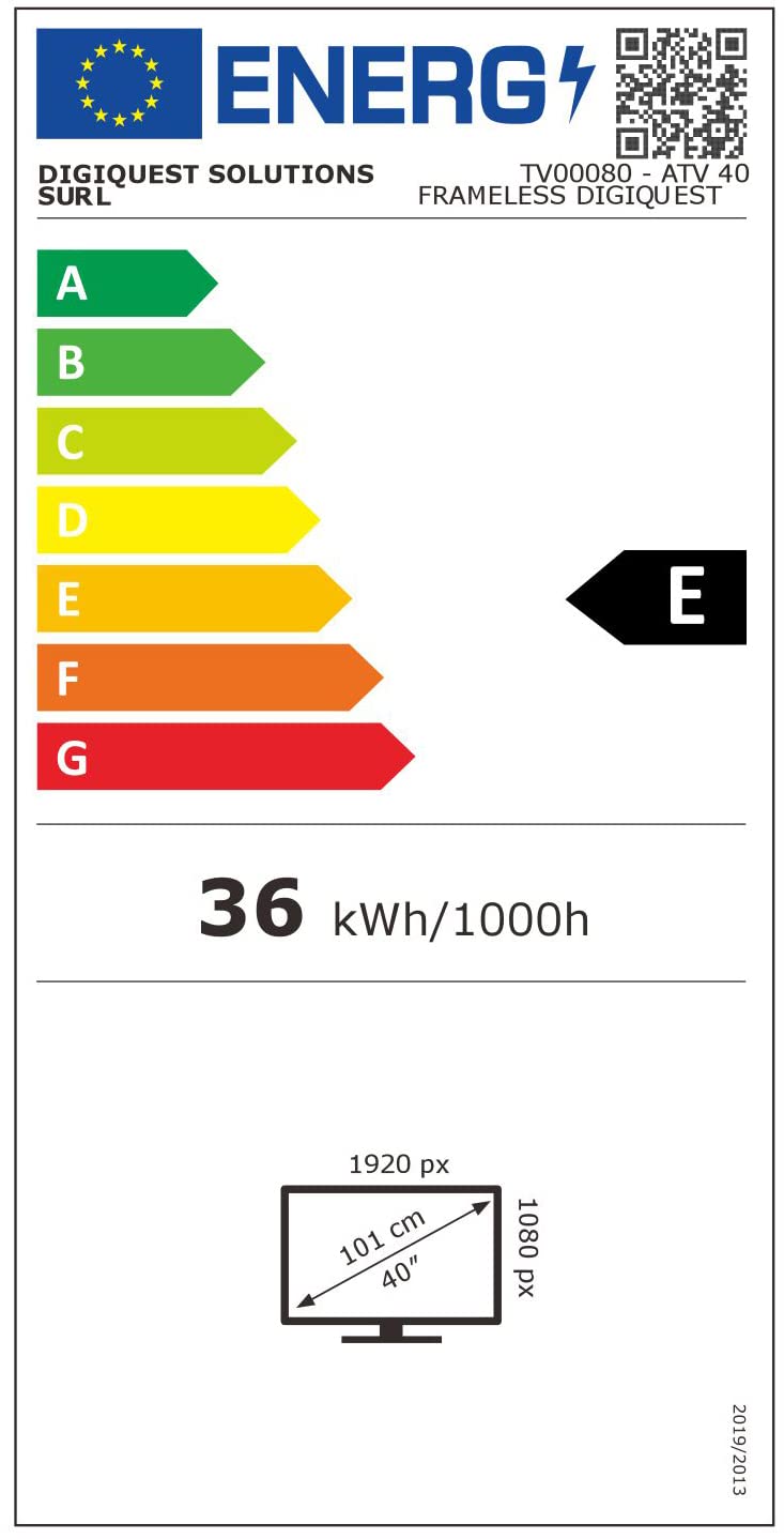 DIGIQUEST Smart TV 40", bezramowy, Full HD, Android Google TV, Wi-Fi, LCN Tivùsat, podwójny tuner, Mediaplayer, funkcja CEC, centralna podstawa, czarny [klasa efektywności energetycznej E]