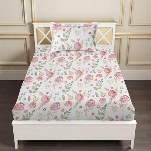 Image of 240 TC Soft Ezyption Floral Single Bed Sheet Cotton - Single bedsheet with 1 Pillow Cover Hypoallergenic, Brethable, (Size- 60 x 90 Inch | White Green
