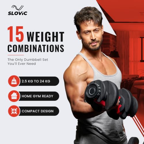 Image of SLOVIC Adjustable Dumbbell 24kg pair | Dumbbells - Gym equipment for home workout| Dumbbell Set (24kg X 2)| Fitness Gym Dumbbells for Bench Press, Shoulder, Biceps| Anti Skid dumbles for all exercises