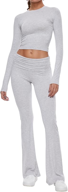 Women's Long Sleeve Top Foldover Flare Pants Lounge Set