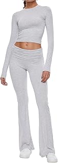 Women's 2 Piece Lounge Sets Fold-over Flare Pants Set Long Sleeve Cropped Top Casual Outfits Pajamas