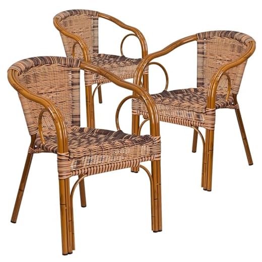 Flash Furniture 3 Pack Cadiz Series Burning Brown Rattan Restaurant Patio Chair with Dark Red Bamboo-Aluminum Frame