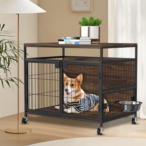 Hundekäfig mit Rädern, Robuster Beistelltisch aus Holz, Hundebox für den Innenbereich für Kleine/Mittelgroße Hunde, Doppeltüren und um 360 Grad Drehbarer Edelstahlnapf, 78,9cm L x 54,8 B x 69,8 H