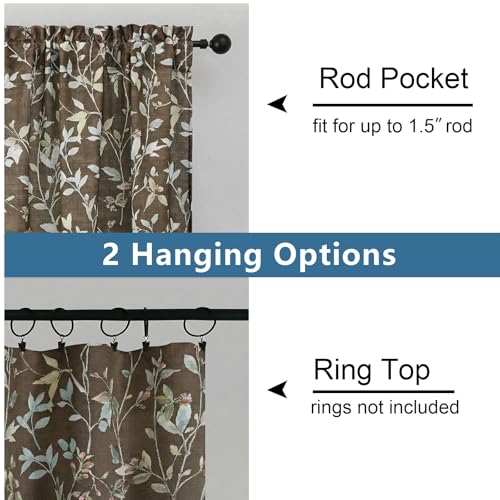 Image of Chyhomenyc Light Filtering 84 Inch Window Curtains - Linen Blend Floral Printed Curtains Drapes for Living Room, Soft Farmhouse Curtain for Bedroom, 52Wx84L Inch, 2 Panels, Chocolate