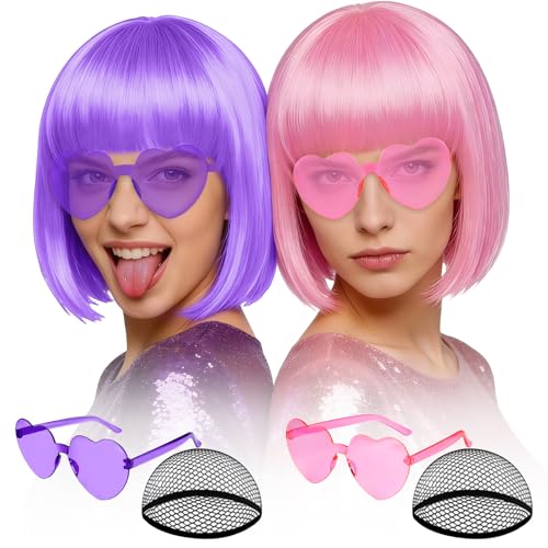 Image of MEEZY 2 Pcs Colorful Bob Wigs with Bangs Pink Purple for Women, Neon Funny Wig Short Bob Hair with Heart Sunglasses Hair Cap for Halloween Costume Cosplay Birthday Bachelorette Party Carnival