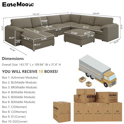Image of EASE MOOSE Modular Sectional Sofa, Oversized Faux Leather Sectional with Ottoman, Wide Deep Modular Couch, Scratch Resistant Faux Leather Material, U Shaped Couch for Big Spaces, Light Grey