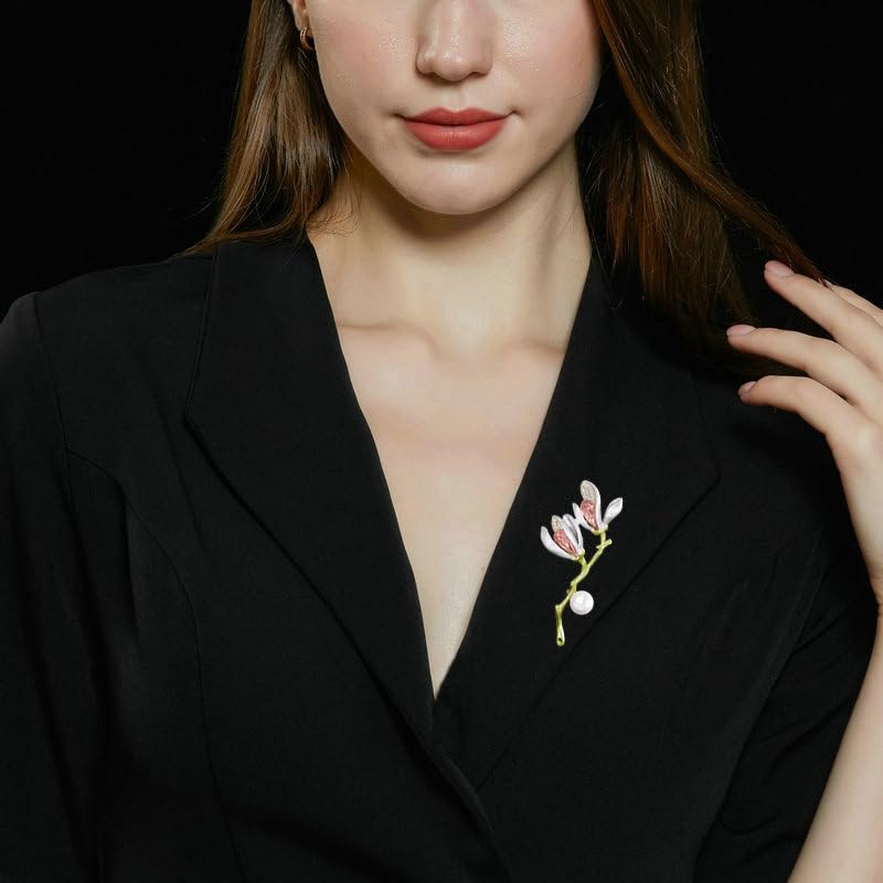 Image of 14K Gold Graceful Vintage Chinese Style Brooch Pin for Women, Freshwater Pearl Magnolia Flower Pink /White Pin, Ideal for Traditional Events, Women's Brooches & Pins