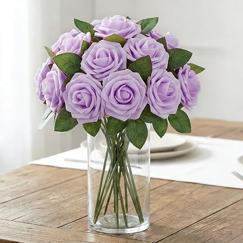 Image of 100Pcs Real Looking Purple Artificial Rose Flower Heads, Foam Fake Roses for DIY Wedding Decorations Baby Shower Centerpieces Home Party Valentine's Day Mother's Day Decor
