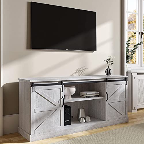 BELLEZE 58” TV Stand for TVs up to 65 Inch, Modern Entertainment Center Home Media Console Table with Sliding Barn Door and Open Shelves, Wood Storage Cabinets for Living Room, Sargent Oak