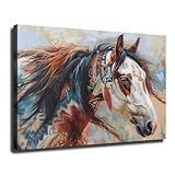 Native American Wall Art,Colorful Tribal Horse Boho Pony Style print Wall Art, Native American Canvas,Farmhouse Oil Painting Wall Decor,For livngroom,bedroom decor (Framed,24 * 36inch)
