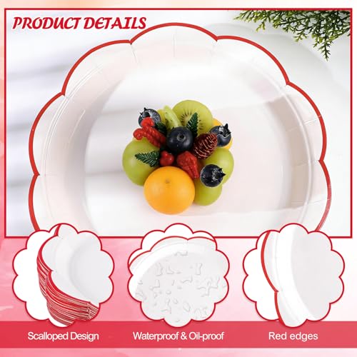 Image of NatNarr 30 Pcs Red and White Paper Plates 9 Inch White Plates with Red Trim | Scalloped Picnic Plate Disposable Dinner Plate for BBQ, Baby Shower, Wedding, Bridal Shower, Birthday