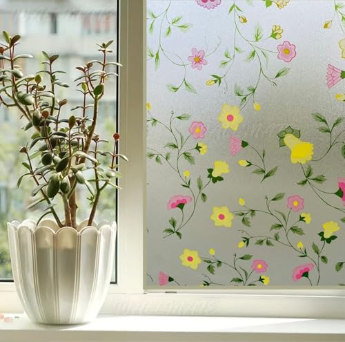 Image of WALLMATE Frosted Glass Window Film, Privacy Film for Glass Windows, Heat Blocking,Decorative Removable Indoor Frosting Clings for Bathroom (Bell Flower, 16X72)