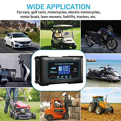 Haisito Cargador Baterias Coche 12V/24V 20A, Cargador de Baterias Rápido Inteligente Coche y Moto, Desulfatador y Mantenedor para baterías de LiFePO4 Litio Plomo ácido (AGM, Gel, EFB, SLA, VRLA) - imagen 7