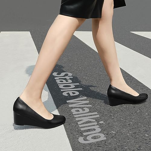 Image of Ankis Black Nude Silver Gold Wedges for Women, Low Heel Women's Wedge Comfortable Closed Toe Women Pumps Dress Shoes -2Inch