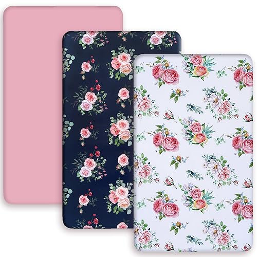 Image of AMROSE 3 Pack Soft Floral Mini Crib Sheets, Microfiber Pack N Play Sheets Set for Baby Girls, Silk Touch Gentle, Fitted for Playard Portable Crib Mattress, Floral Theme