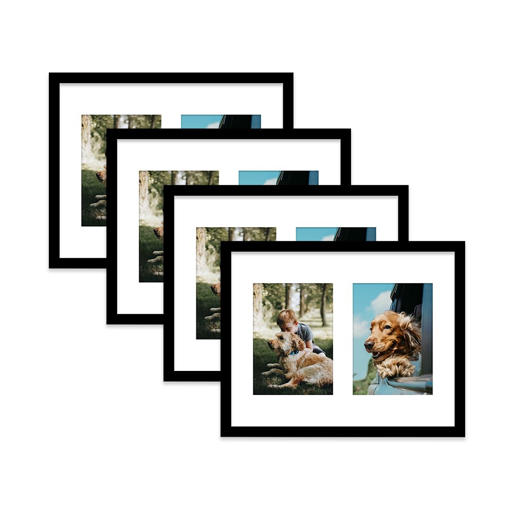Black Multi Photo Frame - Holds 2 x 7x5 Pictures, Family Collage Picture Frame for Wall Display, 14x11 Frame size, Set of 4