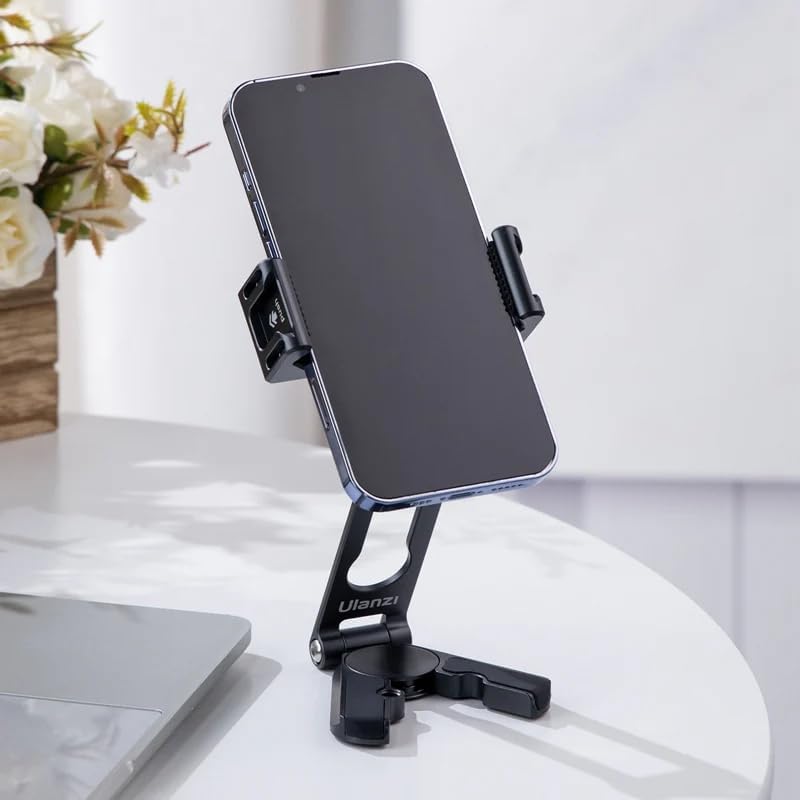 Ulanzi HP004 holding a smartphone in landscape mode on a desk next to a laptop
