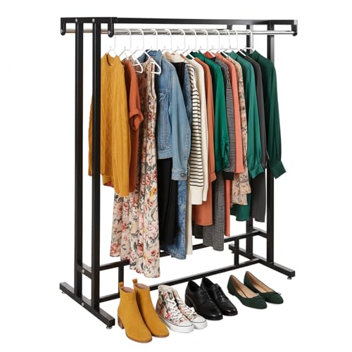 MyGift Black Clothes Rack for Bedroom Laundry Living Room, Heavy Duty Double Rod portable Freestanding Garment Rack Clothing Hanger Stand with Built-In Shelf and Storage