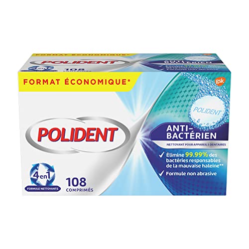 Nettoyant pour prothèses dentaires Polident action 4 en 1 anti-bactérien 108 comprimés
