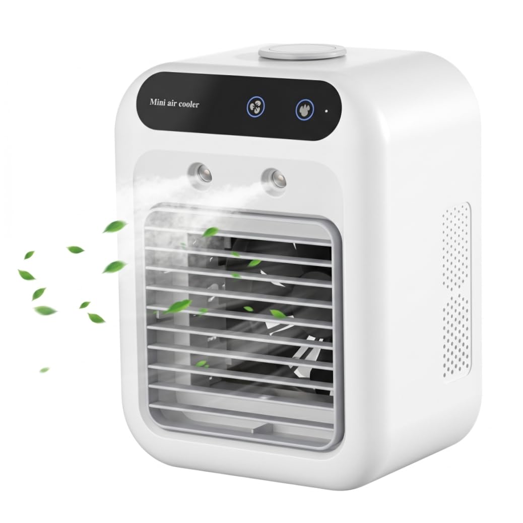 Rechargeable Portable Air Conditioner Mini Air Cooler with Spray Humidification & 8h Timer.