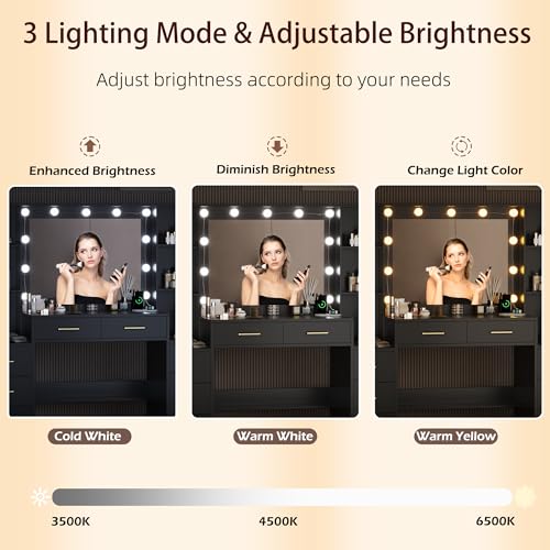 Image of Makeup Vanity Desk with Mirror and Lights, 58.3 inch Makeup Vanity with Lights & Charging Station, Black Dressing Table Vanity Set Vanity Table with 8 Drawers & 2 Cabinets, with Installation tools