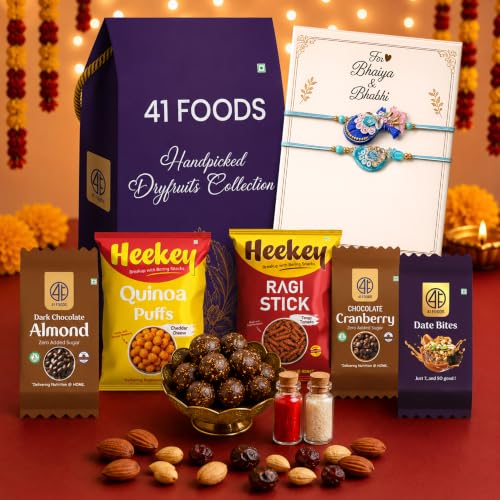 Image of 41foods Pyaar Ka Rista - Rakhi Gift Hamper 10 Item-Blue Bliss Elegant Peacock &Lumba Rakhi, Dates and Dry Fruit Laddoos, Healthy Baked Ragi stick- Bhai Bhabhi Rakhi Set with Gift