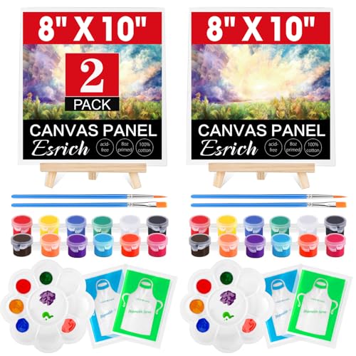 ESRICH 2 Pack 8x10 Canvas and Easel Set, Mini Acrylic Paint, Paint Brushes, Palettes, Aprons, Sip...