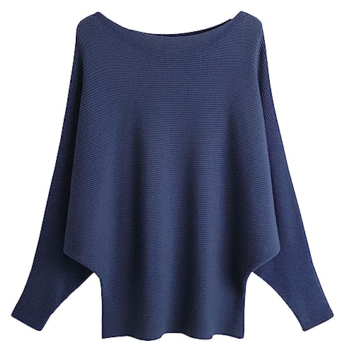 FULIER Women Oversized Boat Neck Batwing Sleeves Dolman Knitted Sweaters Lightweight Pullovers Tops One Size