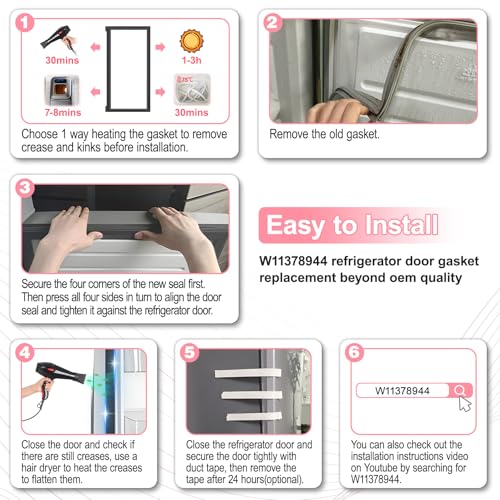 LXun Gaxeta de porta de geladeira W11378944 atualizada compatível com Maytag Whirlpool French Door Seal para porta de geladeira peça de substituição W10163898 WPW10435969 W10162891 AFI2538AEB13 Peça