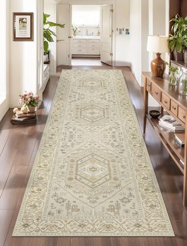 SERISSA Runner Rug for Hallways, 2'6"x8' Washable Non Slip Kitchen Runner Rug, Long Boho Rug Vintage Beige Hallway Stair Ultra Soft Print Floor Carpet for Bedroom Bathroom Laundry Room