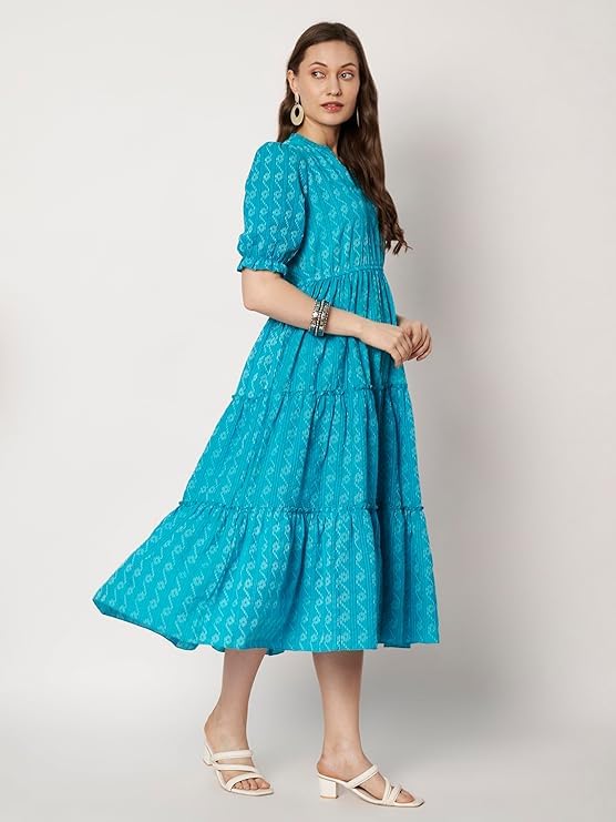Image of PIDAVLIYA'S Women's Floral Summer Maxi Dress I Cotton Printed I One Piece Bodycon Midi Dress with V-Neck, Puffed Sleeves