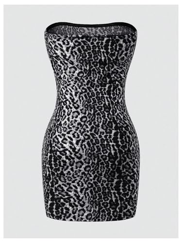 Image of Floerns Women's Leopard Print Sleeveless Tube Top Club Dress Split Bodycon Mini Dress