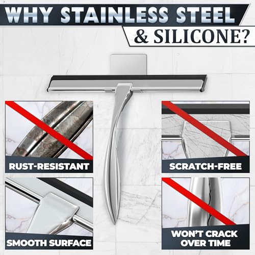 Image of Shower Door Squeegee with Hook - 10 inch Silicone Blade, Stainless Steel Squeegee for Shower Glass with Adhesive Mount - All-Purpose Bathroom Tile, Mirror, & Window Wiper for Streak-Free Cleaning (Silver)