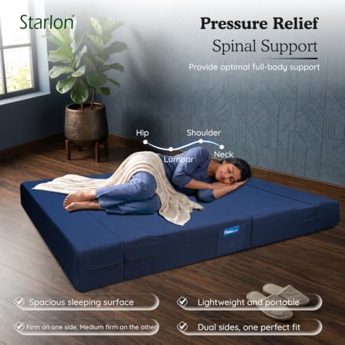 Image of Starlon 3 Seater Foldable Sofa Cum Bed 3-in-1 with 2 Waves Pattern Pillows, Washable Jute Fabric Cover, Space Saving Guest Bed, Royal Navy Blue 5x6.5 Ft