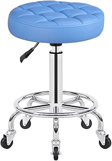 Adjustable Height Stool with 5 Wheels/13 Inch Thick Sponge, Chrome Steel PU Leather Bar Stool Work Shop Stool,Hydraulic Rolling Swivel Salon Stool,Massage Spa Tattoo Brown (Blue)