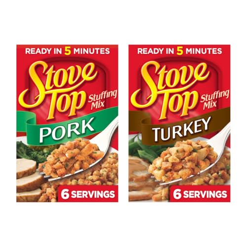 Image of Stove Top Stuffing Mix Variety Pack, Pork & Turkey Stuffing, Instant Side Dish for Holiday Meals, Ready in 5 Minutes, Savory Seasoned Bread Mix (Variety Pack of 2)