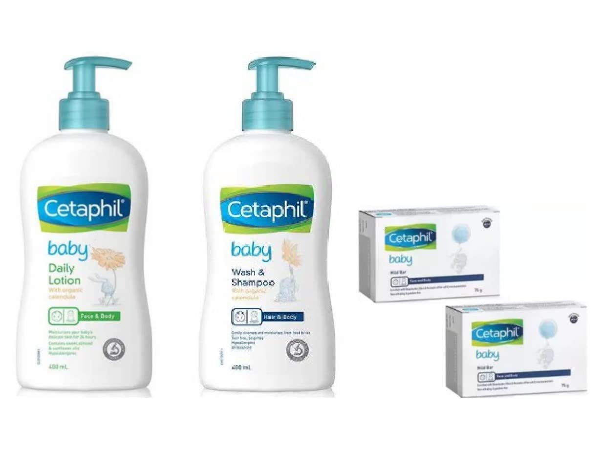 CetaphilBaby Wash & Shampoo 400 ml and Lotion 399 ml with Organic Calendula and Baby Mild Bar 75g(2Pcs) (Pack of 4)- Combo