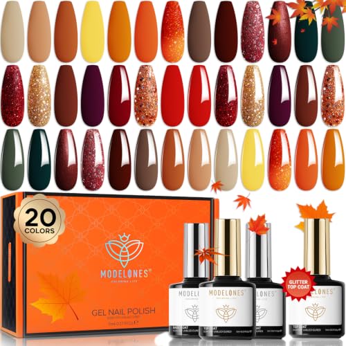 Image of modelones 20 Colors Gel Nail Polish Kit, Fall Winter Gel Polish Set Soak Off Nail Polish Kit with Glitter, Glossy and Matte Top Base Coat DIY Manicure at Home