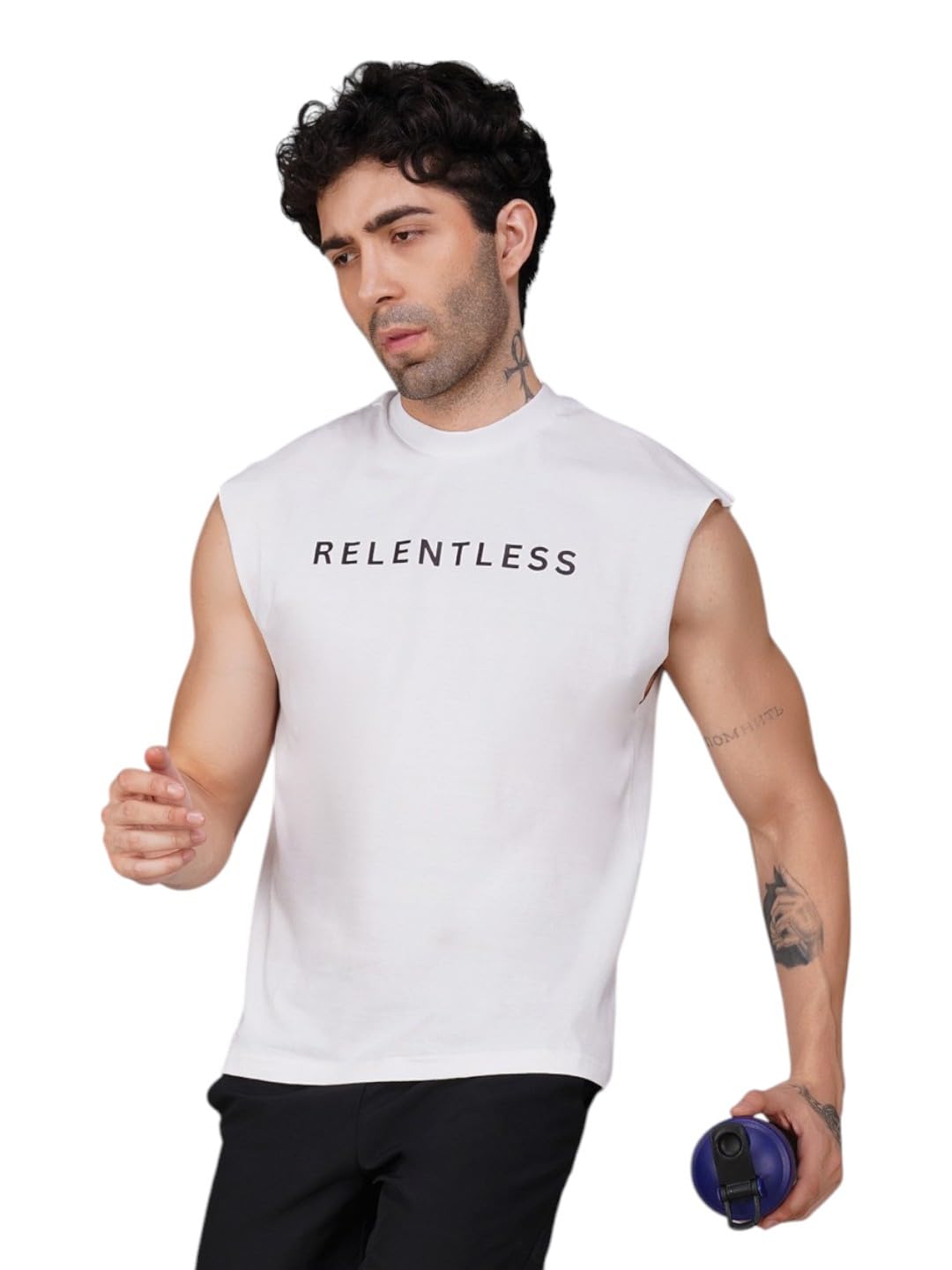 Men's Drop Shoulder Loose Fit Gym Vest – Relentless Print | Sleeveless Oversized Tank Top for Workout, Fitness, Training & Casual Streetwear Look-image-38