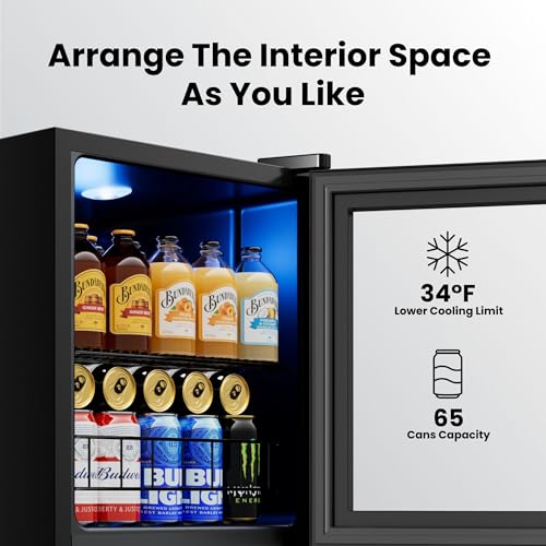 Image of Yeego Beverage Refrigerator, 65 Can Mini Fridge with Glass Door, Digital Temperature Control 34F-54F, Countertop Drink Cooler for Soda, Beer and Wine, Black