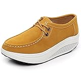 rismart Mujer Plataforma Calzo Aptitud para Caminar Beige Ante Cuero Entrenadores Zapatos Amarillo 40 EU