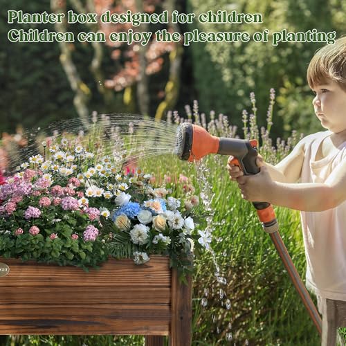 Image of OIPRTGFJ Cedar Wood Outdoor Raised Garden Bed Planter Box with Locking Wheels, 41x21x20 inch, Carbonization Color