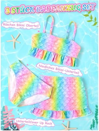 Costume Da Bagno Bikini 3 Pezzi A Sirena - Floreale, Con Gonna, Per Bambine 5-12 Anni - Foto 8
