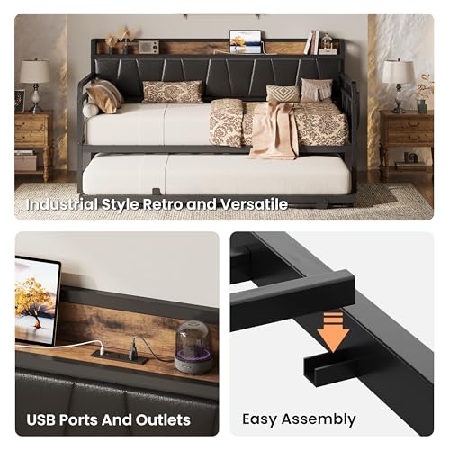 Image of LIKIMIO Twin Daybed, Day Bed with Trundle, Storage Upholstered Headboard and Charging Station, Trundle Bed with Strong Supports for Living Room, Bedroom, and Guest Room, Black