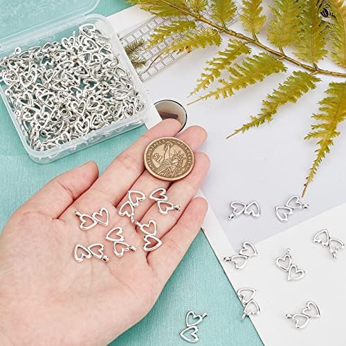 PandaHall Elite 100pcs Double Heart Charms Pendants Tibetan Alloy Heart-to-Heart Beads Charms for Valentines Day Thanksgiving Day DIY Necklace Bracelet Making, Antique Silver